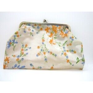 Vtg 50s 60s Floral Vinyl Coin Purse Kiss Lock 7.5" x 4.5"